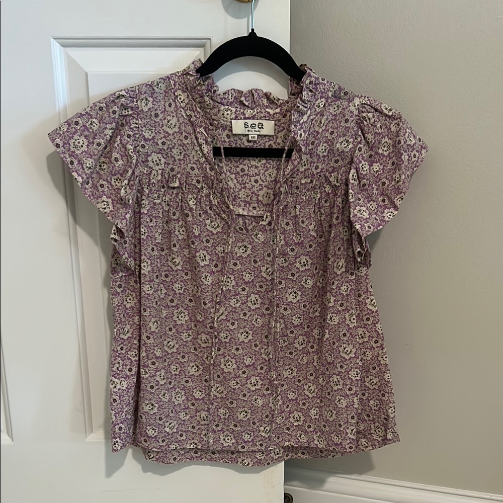 Sea New York purple and cream Flutter Sleeve Blouse